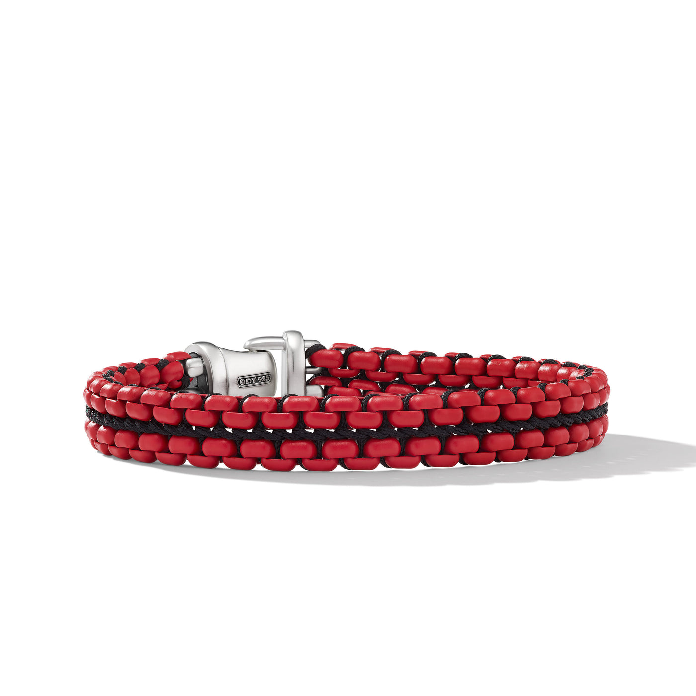 Woven Box Chain Bracelet in Sterling Silver with Red Stainless Steel and Black Nylon\, 12mm