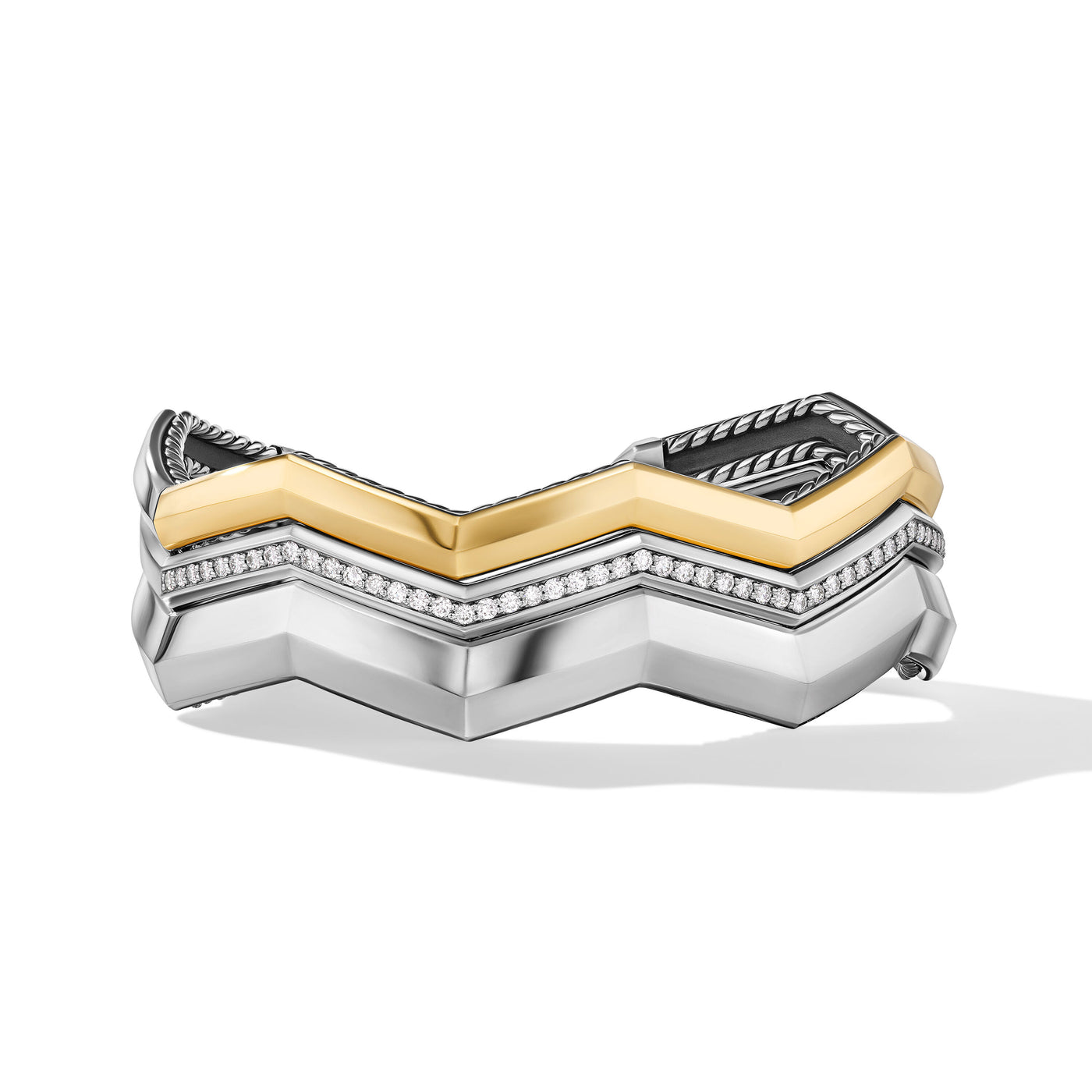 Zig Zag Stax™ Three Row Cuff Bracelet in Sterling Silver with 18K Yellow Gold and Diamonds\, 17.4mm
