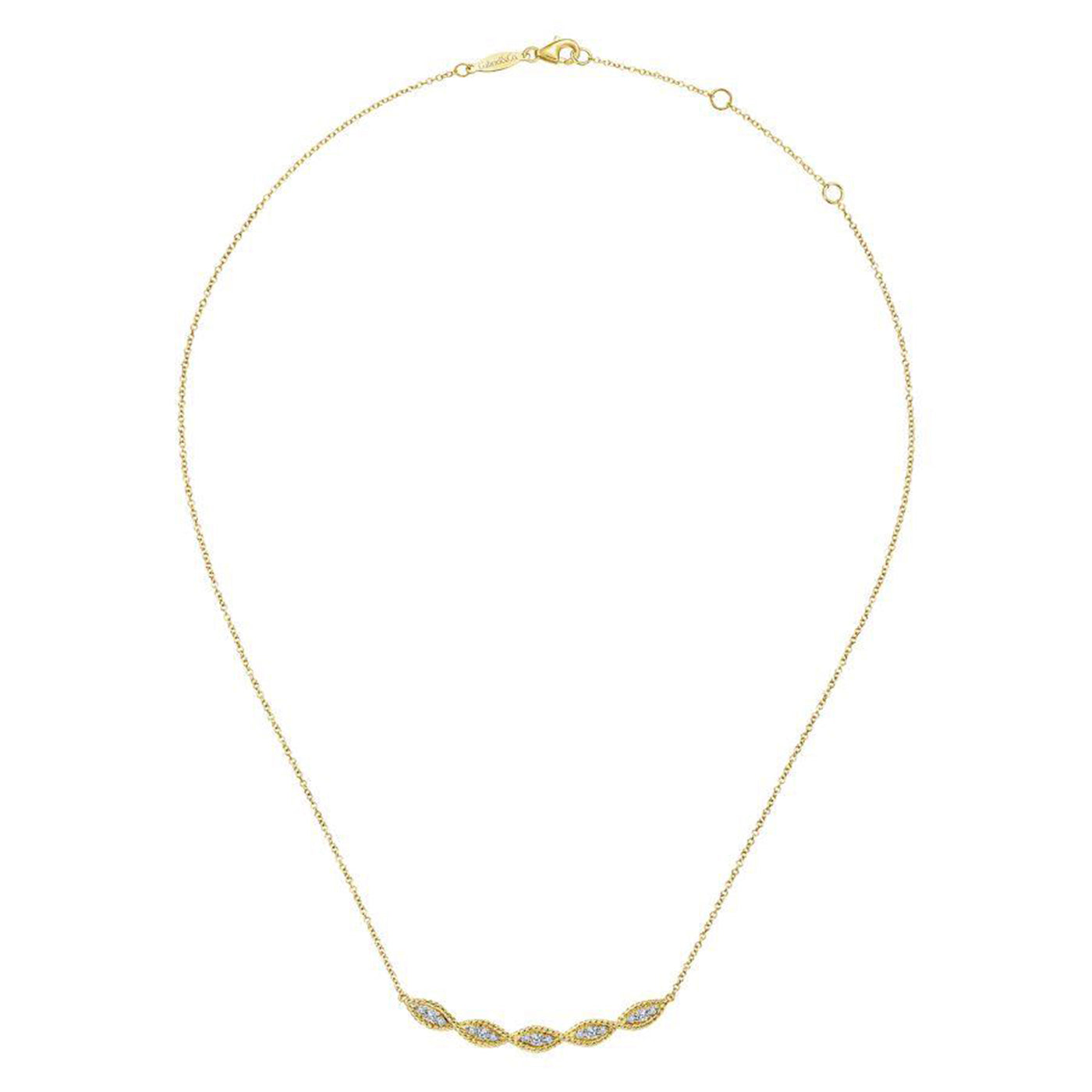 Yellow Gold Diamond Filled Roped Curved Bar Necklace