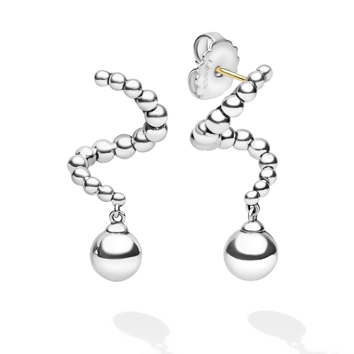 Front of silver beaded statement drop earrings with large hanging bead