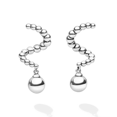 Front of silver beaded statement drop earrings with large hanging bead
