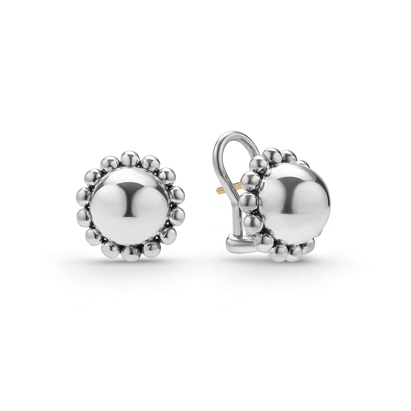 Front of round sterling silver stud earrings with beading perimeter