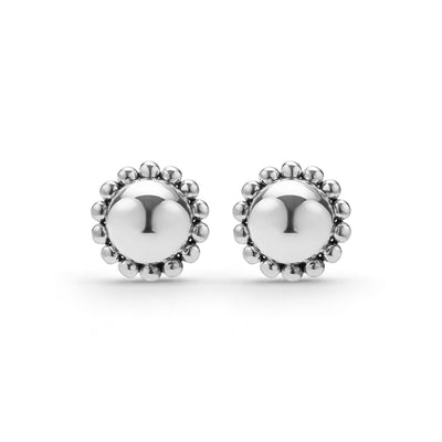 Front of round sterling silver stud earrings with beading perimeter