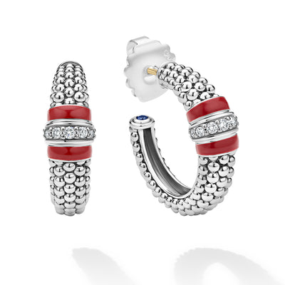 Signature Caviar Red Enamel Caviar Diamond Hoop Earrings