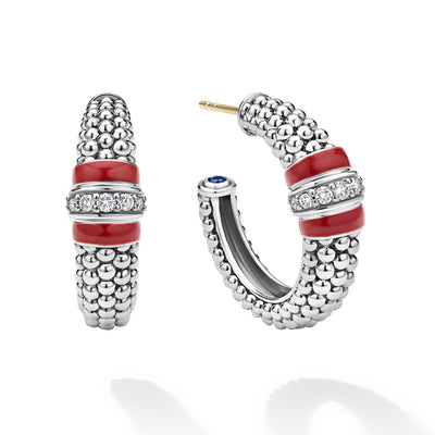 Signature Caviar Red Enamel Caviar Diamond Hoop Earrings