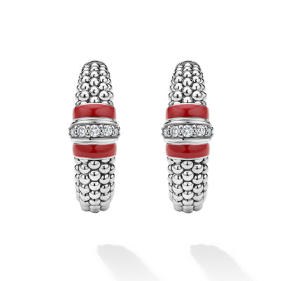 Signature Caviar Red Enamel Caviar Diamond Hoop Earrings