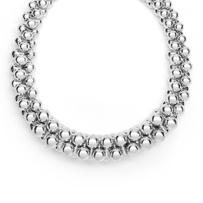 Front of 22mm sterling silver beaded statement necklace