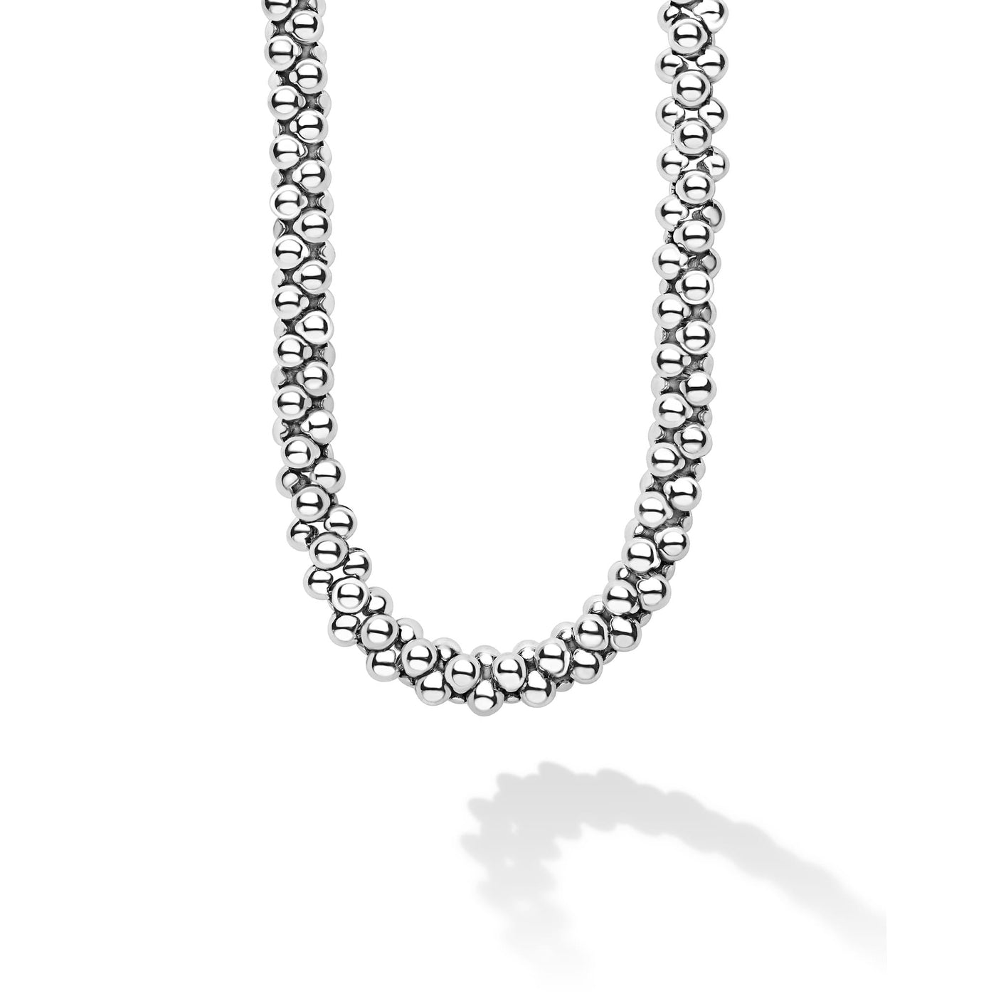 Front of statement sterling silver beaded necklace