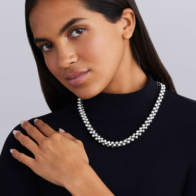 woman wearing statement sterling silver beaded necklace