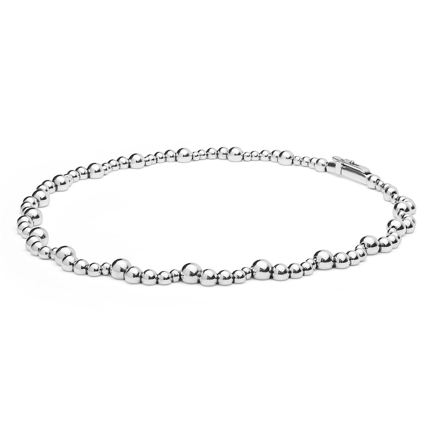 side of sterling silver necklace with scalloped beading 