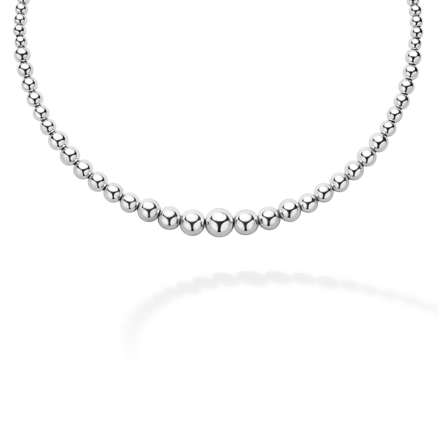 Front of sterling silver thin to thick beaded necklace