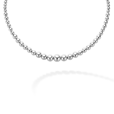 Front of sterling silver thin to thick beaded necklace
