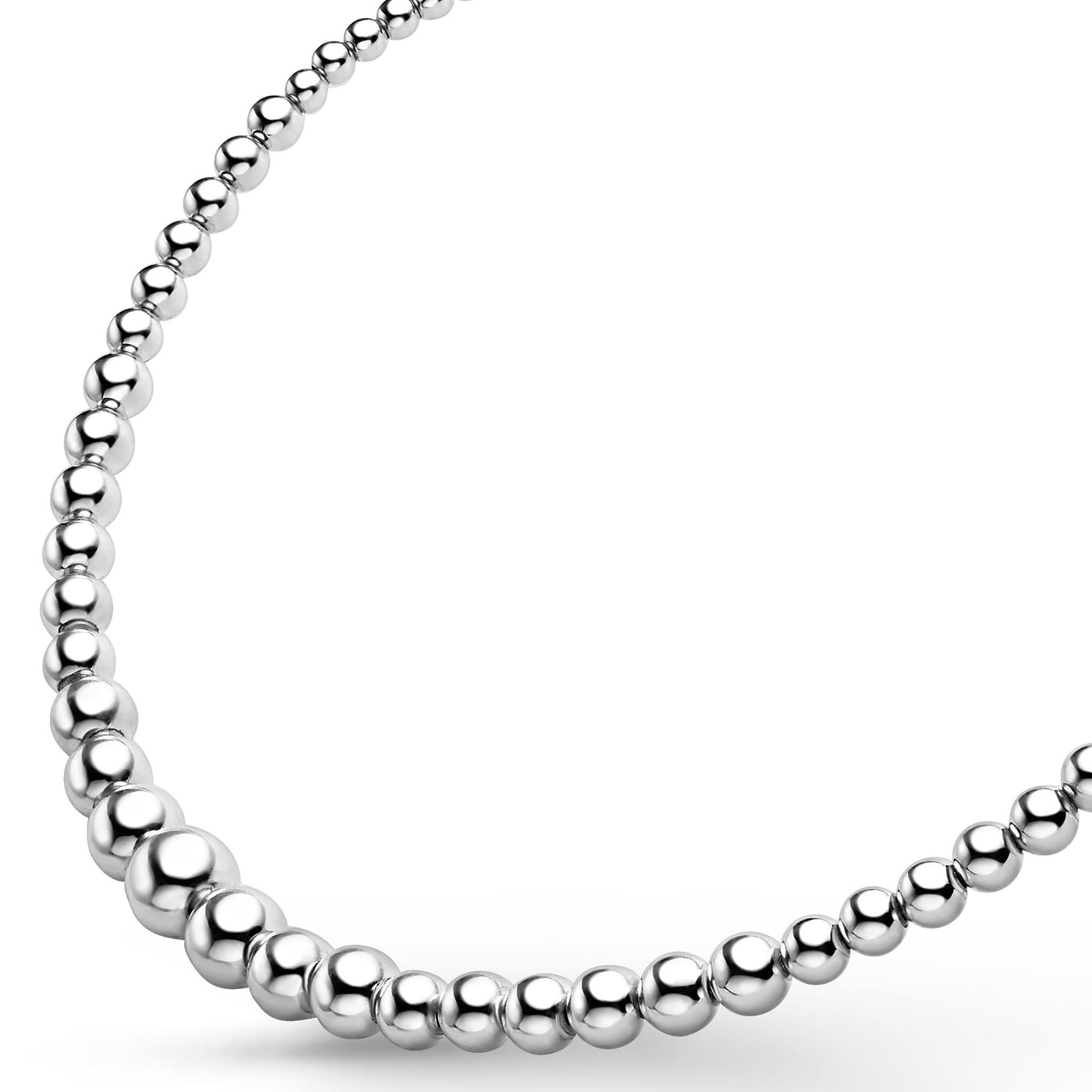 side of sterling silver thin to thick beaded necklace
