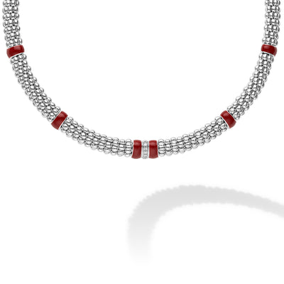 Signature Caviar Red Enamel Single Station Diamond Caviar Necklace