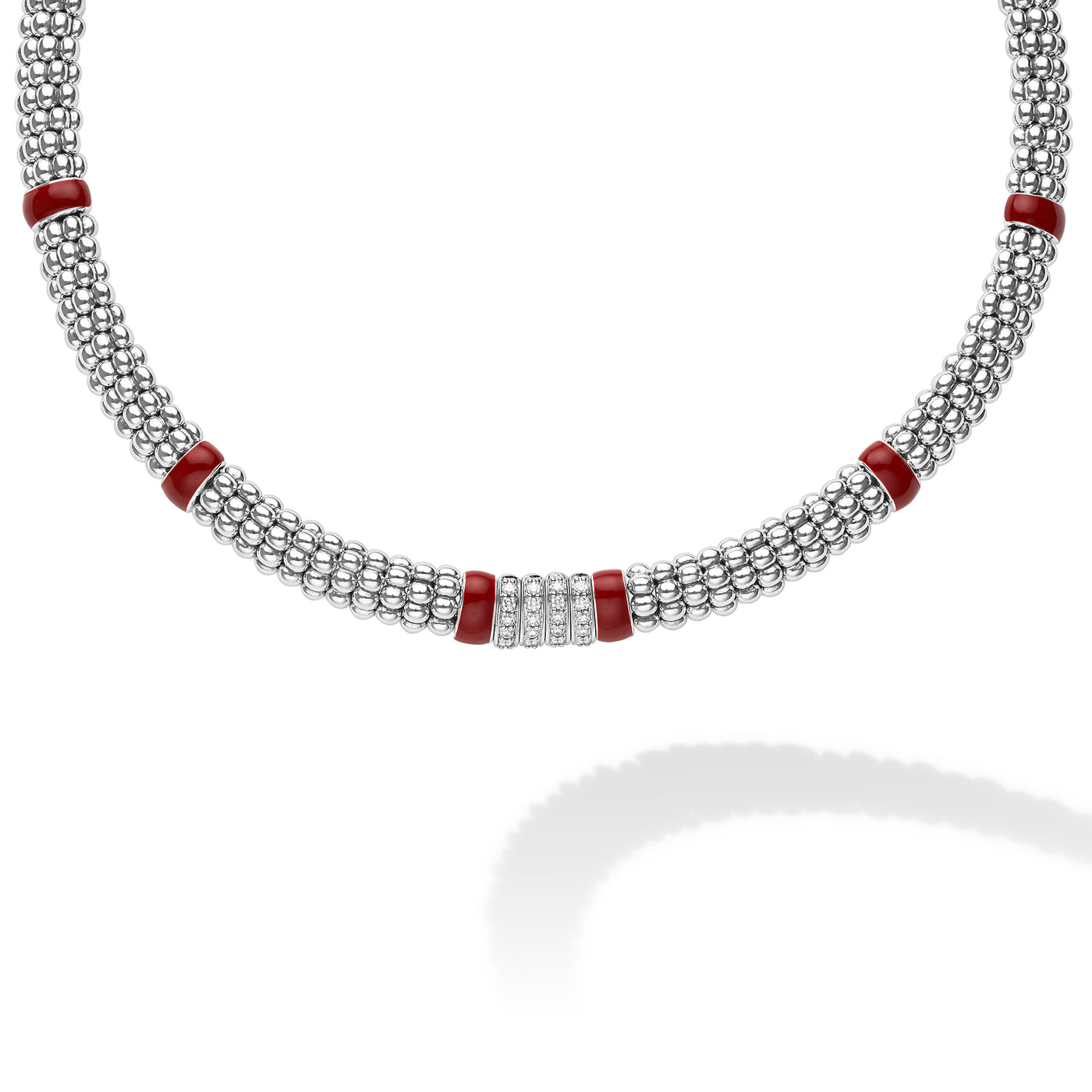 Signature Caviar Red Enamel Four Station Diamond Caviar Necklace