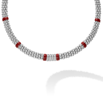 Signature Caviar Red Enamel Four Station Diamond Caviar Necklace