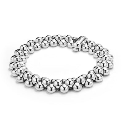 side of 12mm sterling silver beaded statement bracelet with LAGOS engraving 