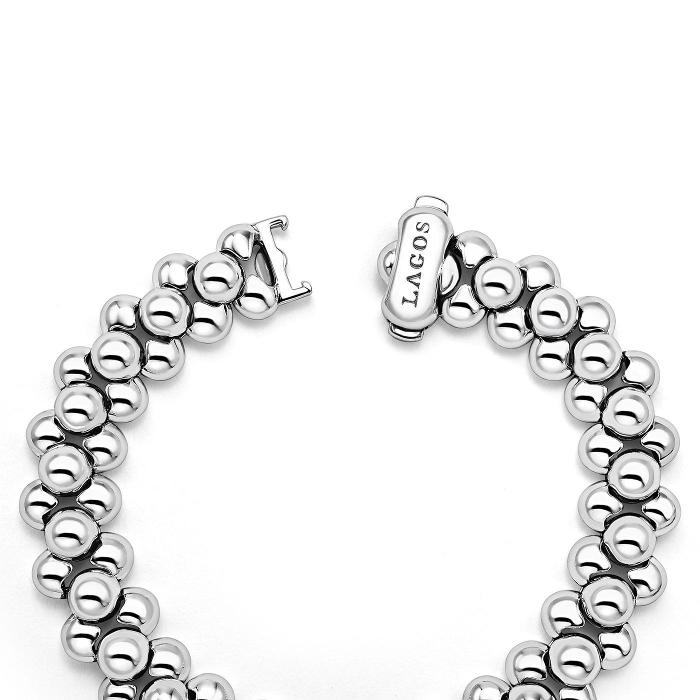 opened sterling silver beaded statement bracelet with LAGOS engraving clasp