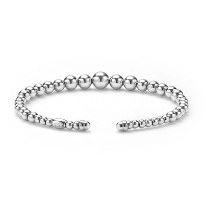 back of 7mm sterling silver beaded cuff bracelet with LAGOS engraving