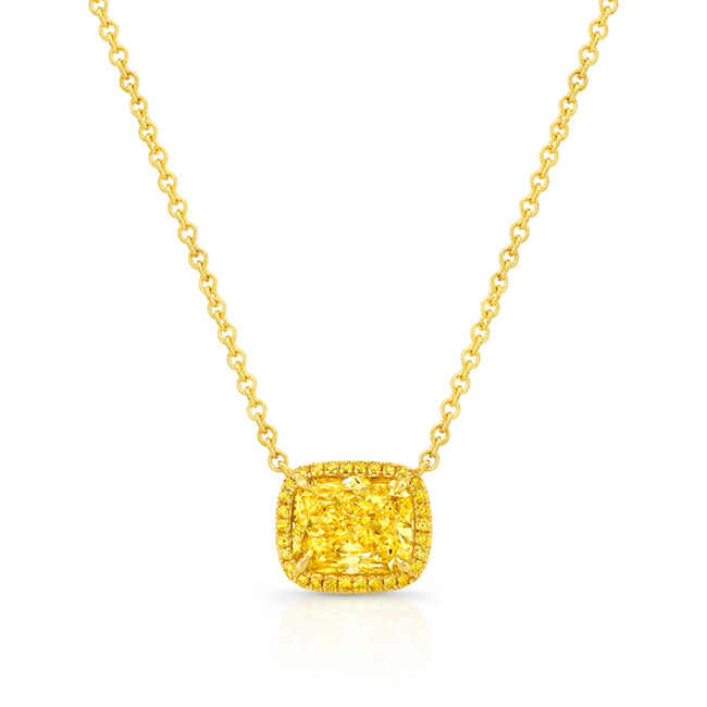 18K Yellow Gold 1.50 Carat Fancy Yellow Cushion-Cut Diamond East-West Halo Pendant on Adjustable 16-18" Chain