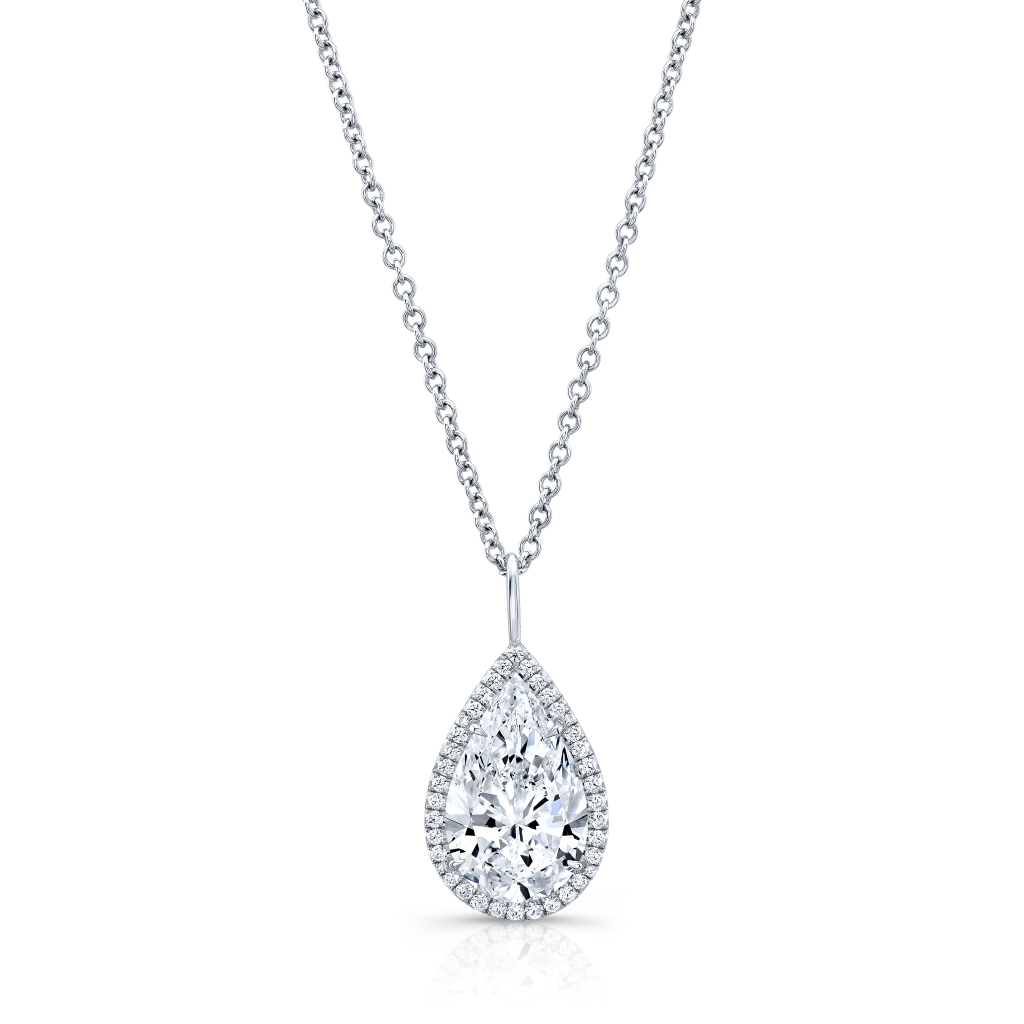 18K White Gold 3.01 Carat Pear-Shaped Diamond Halo Pendant on 16" Chain