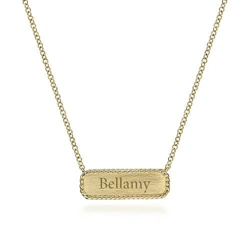 14K Yellow Gold Rectangular ID Pendant Necklace with Twisted Rope Frame