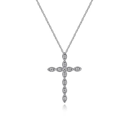 14K White Gold Segmented Diamond Cross Necklace