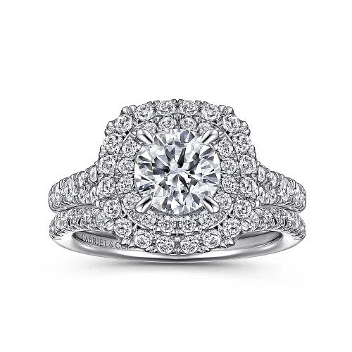Lexie - 14k White Gold Cushion Double Halo Round Diamond Engagement Ring