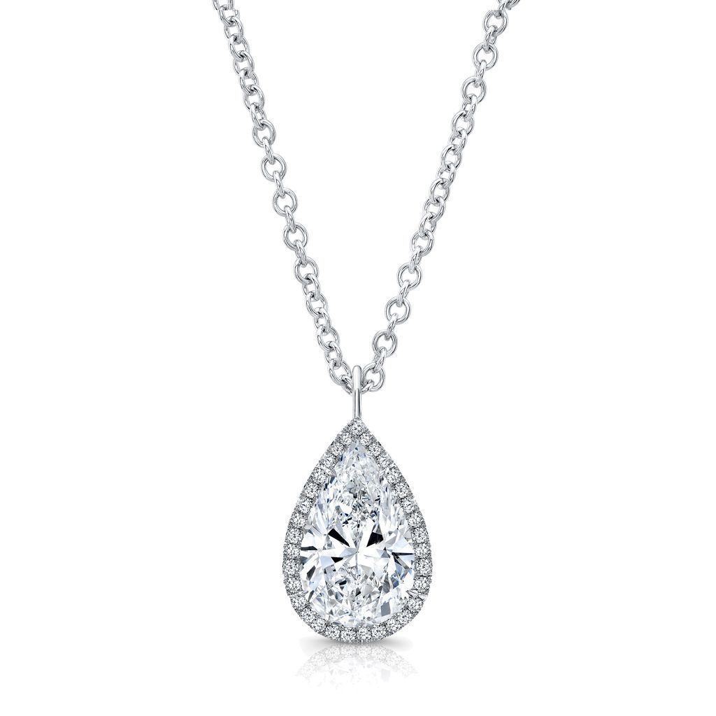 118K White Gold 1.50 Carat Pear-Shaped Diamond with 0.13 Carat Halo Pendant on Adjustable 16-18" Chain
