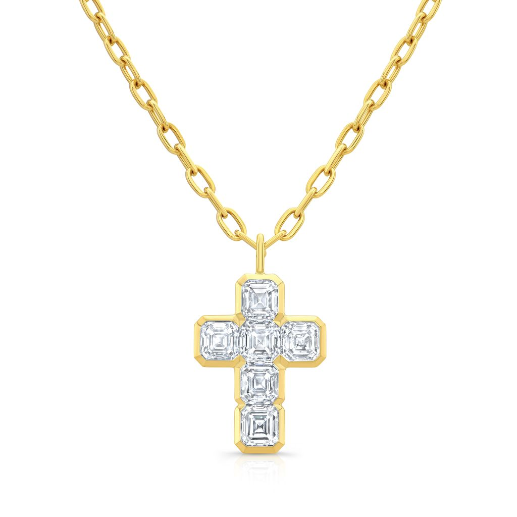 18K Yellow Gold 6.04 Carat Diamond Cross Pendant with Oval Link Chain 20"