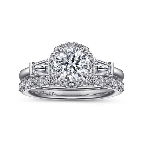 Elinor - 14K White Gold Round Three Stone Halo Diamond Engagement Ring (Setting Only)