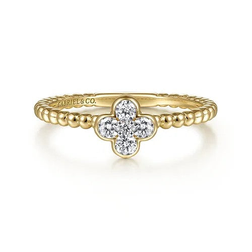 14K Yellow Gold Diamond Cluster Clover and Bujukan Bead Ring
