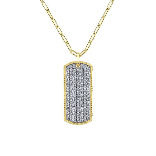 14K Yellow Gold Diamond Pave Dog Tag Pendant Hollow Chain Necklace