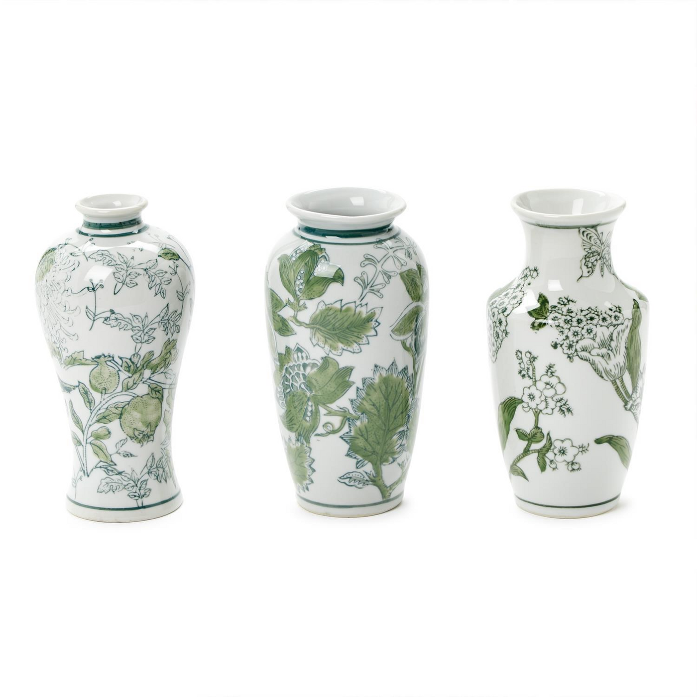 Primrose and Lotus Set of 3 Hand-Painted Green and White Chinoiserie Vases Includes 3 Shapes (color may vary) - Porcelain