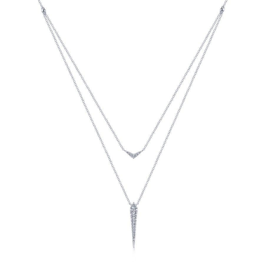 14K White Gold Layered Pave Diamond Bar and Spike Pendant Necklace