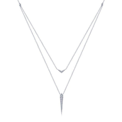 14K White Gold Layered Pave Diamond Bar and Spike Pendant Necklace