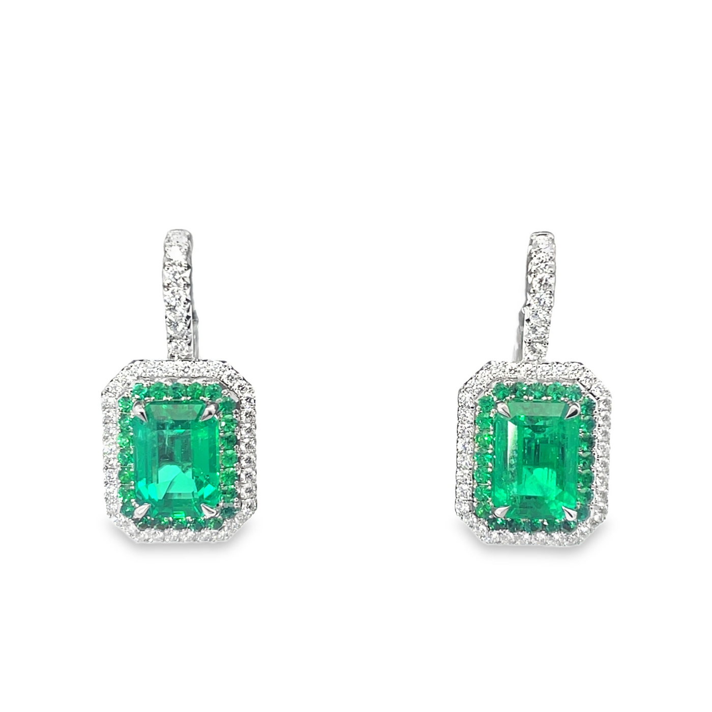 Platinum Emerald and Diamond Drop Earrings