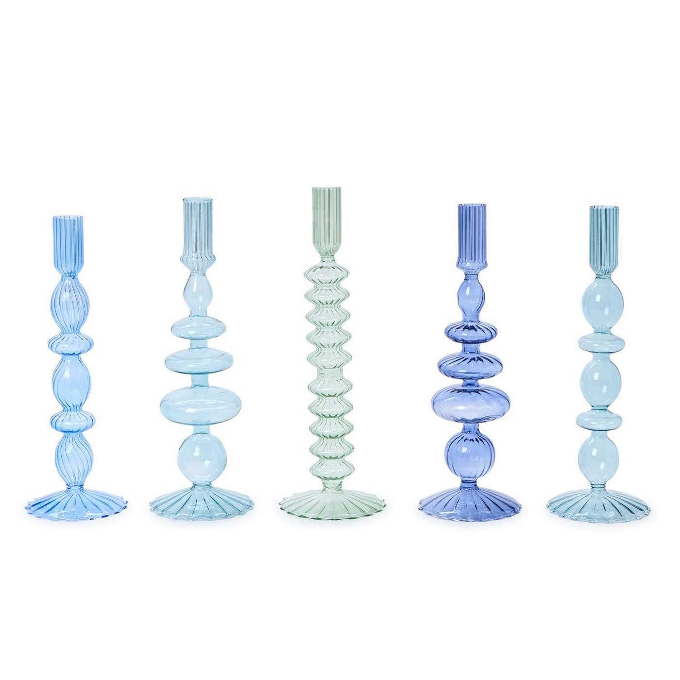 Set of 5 Shades of Blue Hand-Blown Glass Taper Candlestick Candleholders - Hand-Blown Glass