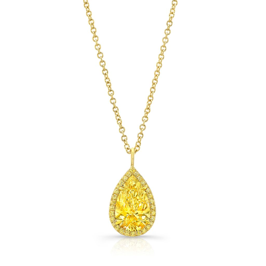 18K Yellow Gold 1.15 Carat Pear-Shaped Fancy Yellow Diamond Halo Pendant on Adjustable 16-18" Chain