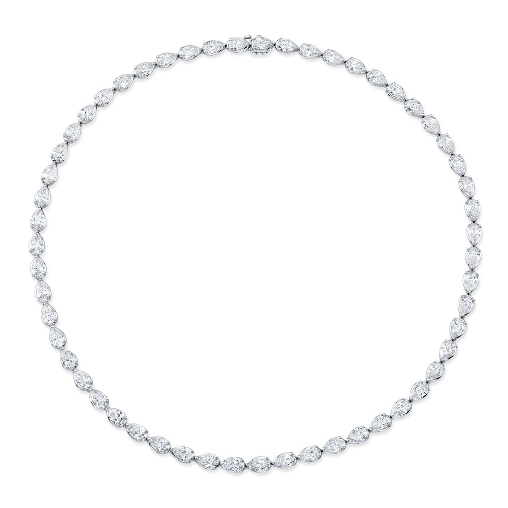 18K White Gold 17.71 Carat Pear-Shaped Diamond East-West Tennis Necklace 16"