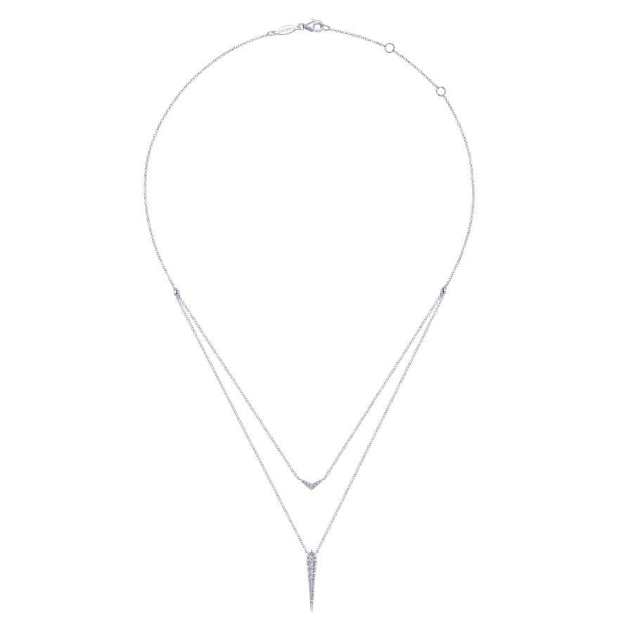 14K White Gold Layered Pave Diamond Bar and Spike Pendant Necklace
