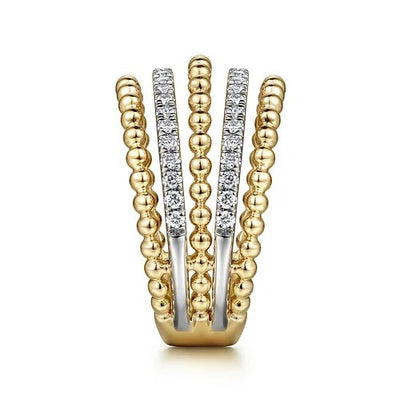 14K Yellow Gold Multi Row Bujukan Beads and Diamond Easy Stackable Ring