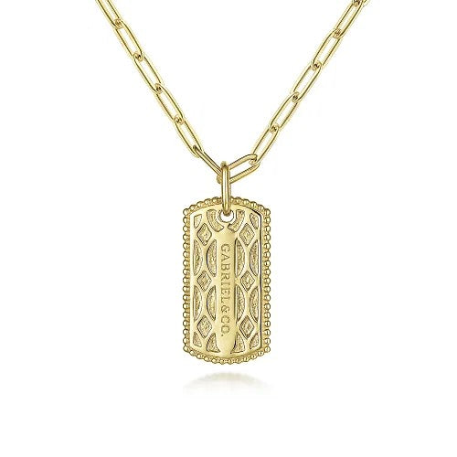 14K Yellow Gold Dog Tag Pendant Hollow Chain Necklace