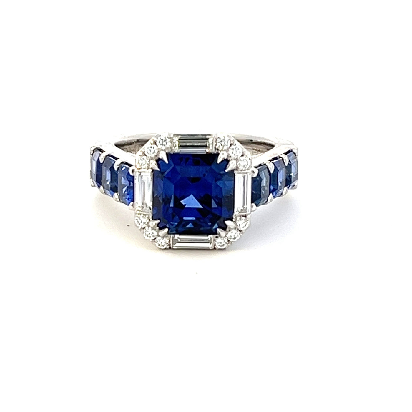 Emerald-Cut Blue Sapphire and Asscher-Cut Sapphire Ring in Platinum