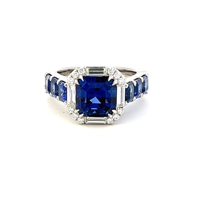 Emerald-Cut Blue Sapphire and Asscher-Cut Sapphire Ring in Platinum