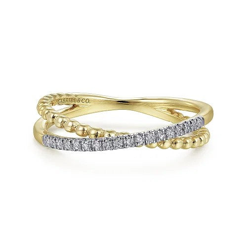 14K Yellow Gold Bujukan Pave Diamond Criss Cross Stackable Ring