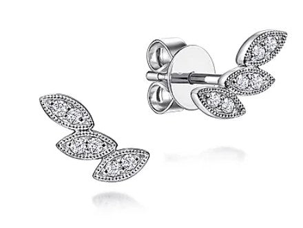 14K White Gold Diamond Leaf Shape Stud Earrings