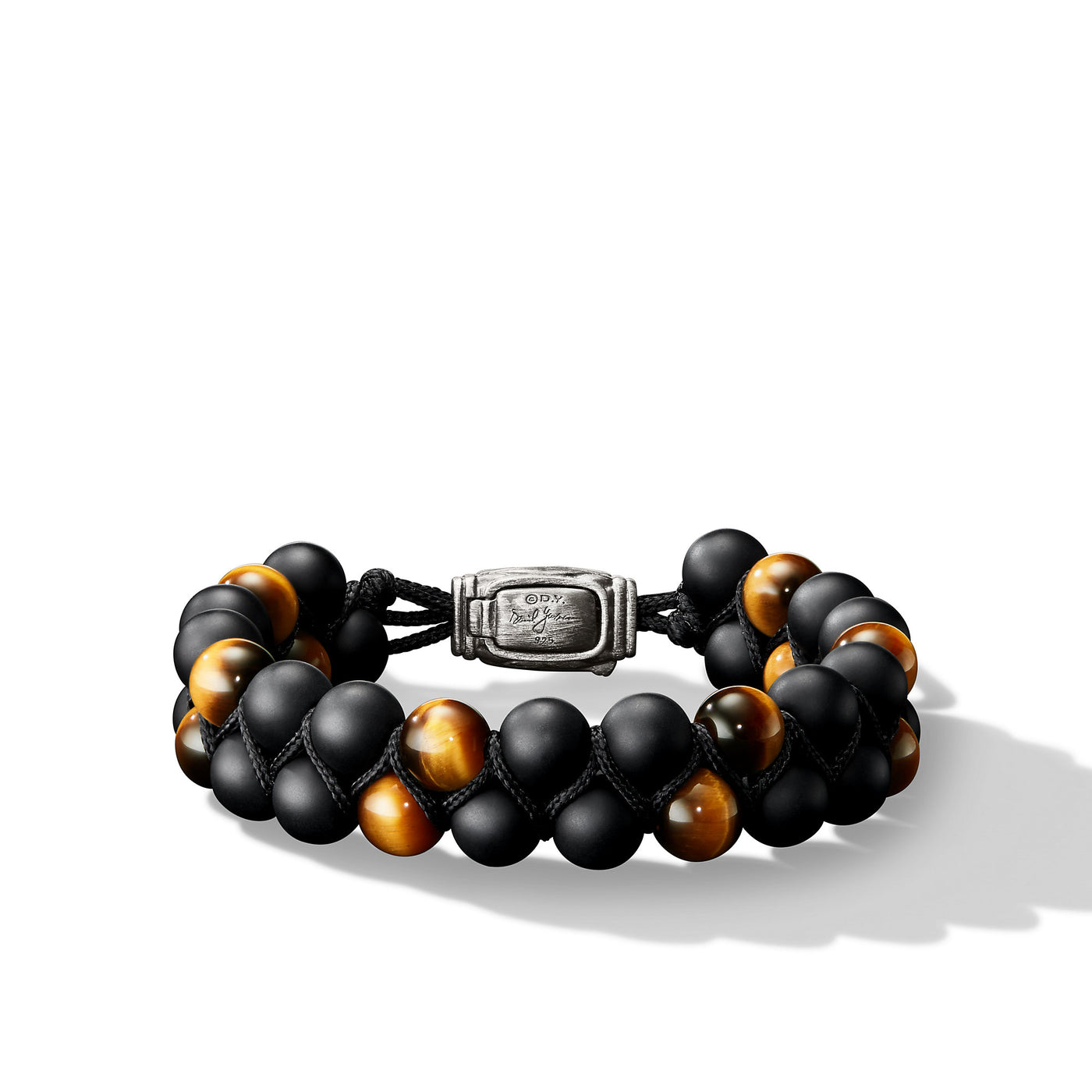 Spiritual Beads Two Row Woven Bracelet in Black Onyx\, Tigers Eye\, Black Nylon and Sterling Silver\, 8mm