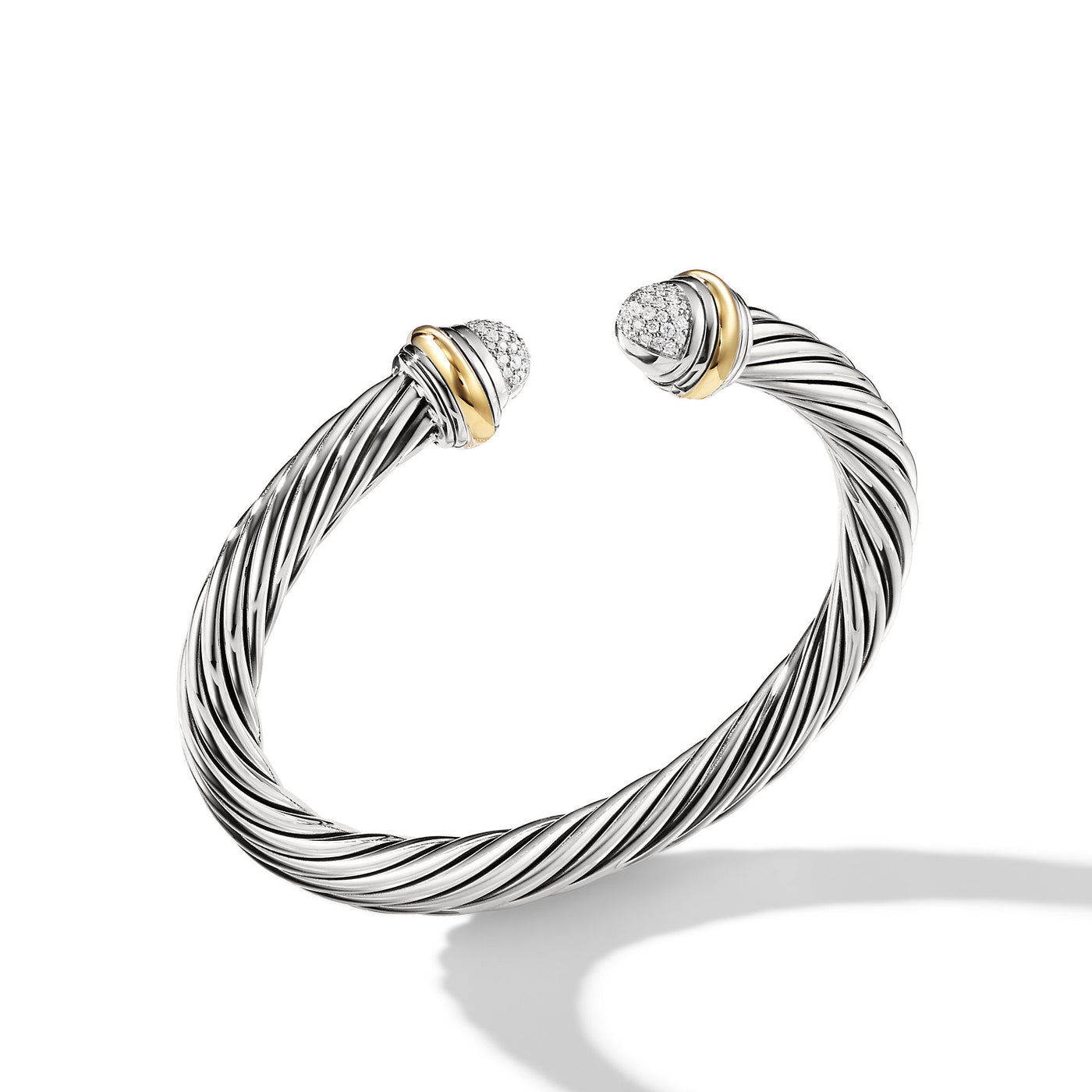 Classic Cable Bracelet in Sterling Silver with 18K Yellow Gold and Pavé Diamond Domes\, 7mm