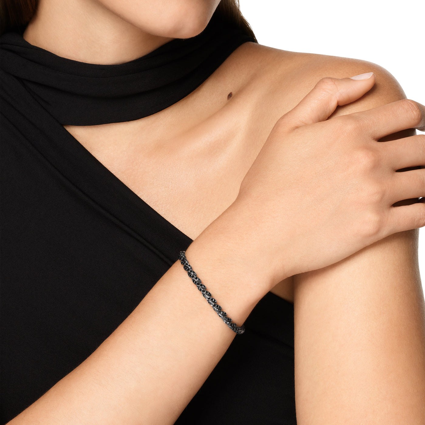 Sculpted Cable Flex Bracelet in 18K White Gold with Black Rhodium and Black Diamonds, 5mm